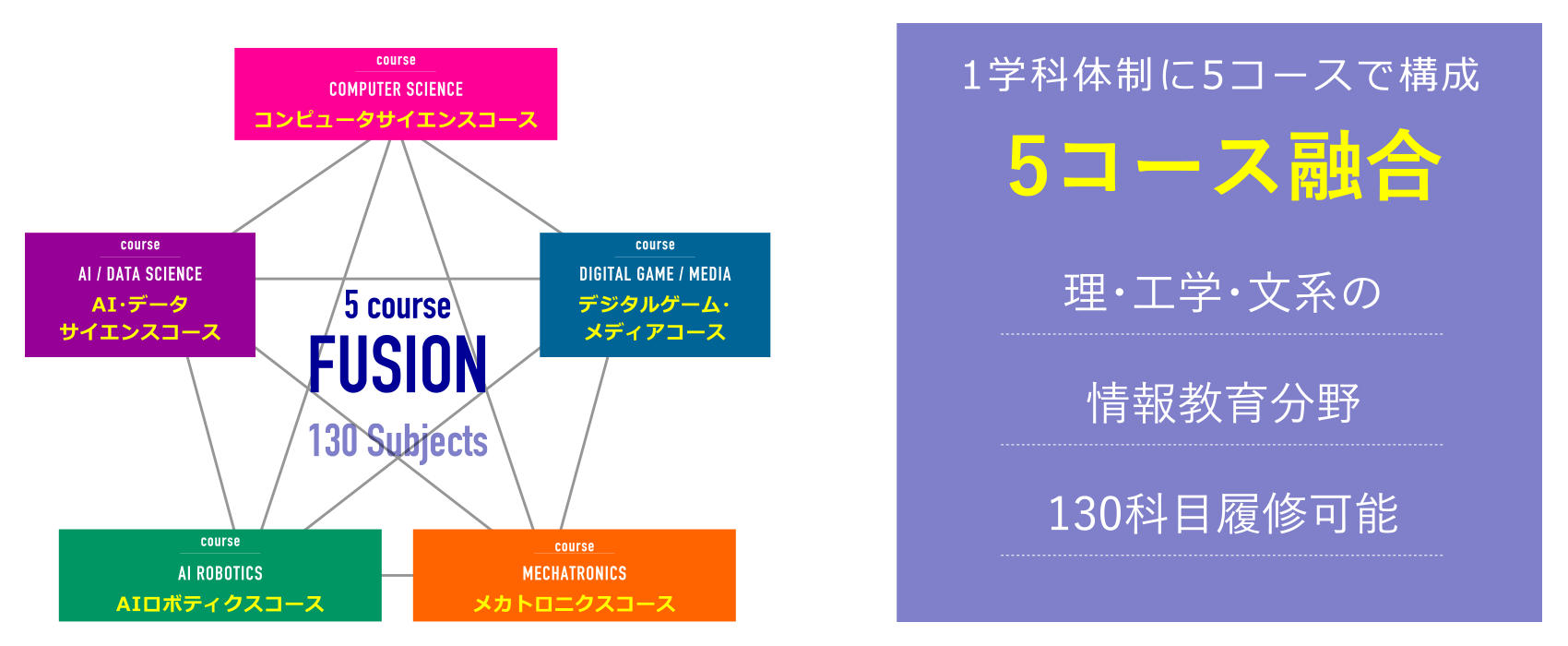 1学科体制に5コースで構成｜5コース融合｜理・工学・文系の情報教育分野130科目履修可能｜情報理工学科